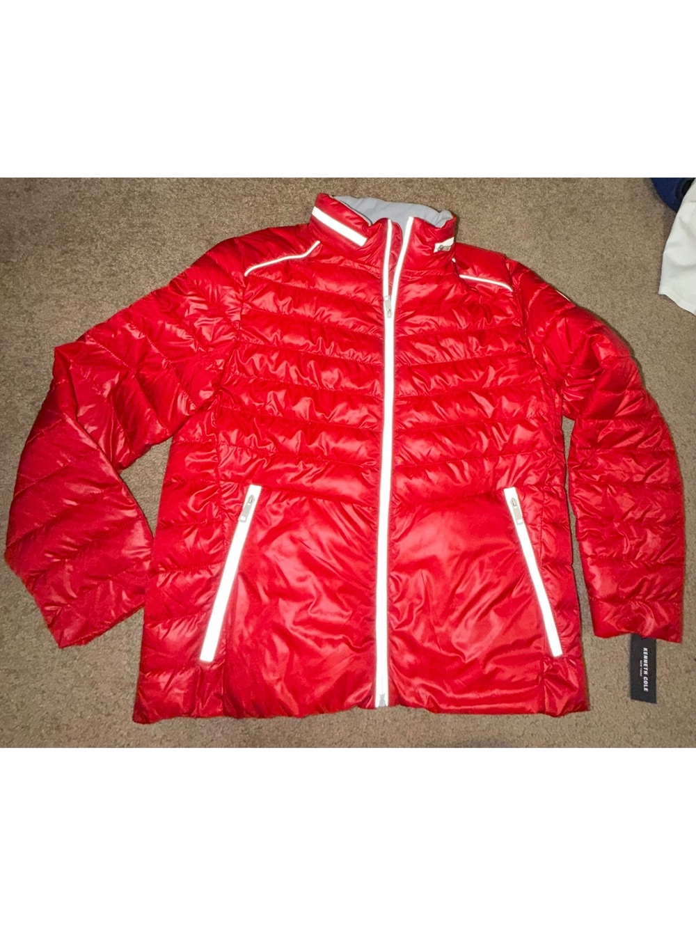Kenneth Cole Men's Red Quilted Puffer Jacket with White Trim, Lightweight and FZ